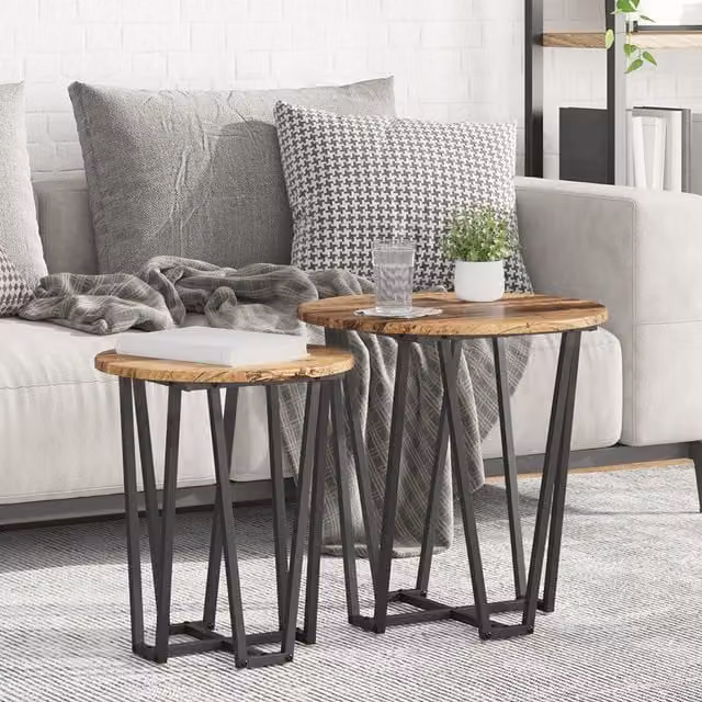 Berkfield Home Industrial Round Side Table Set of 2 in Brown Wood and Metal – 1