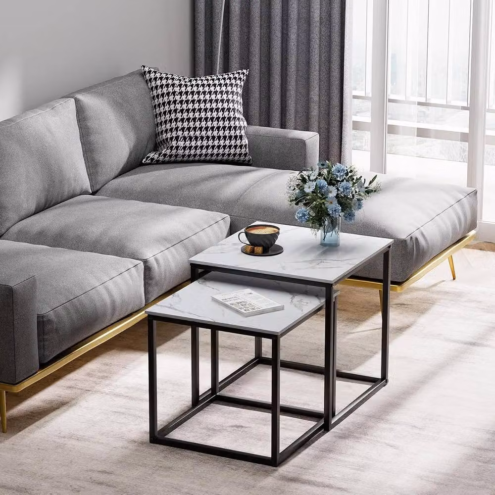 Huhote Set of 2 Nesting Tables with White Marble Finish Tops and Black Metal Frames – 5