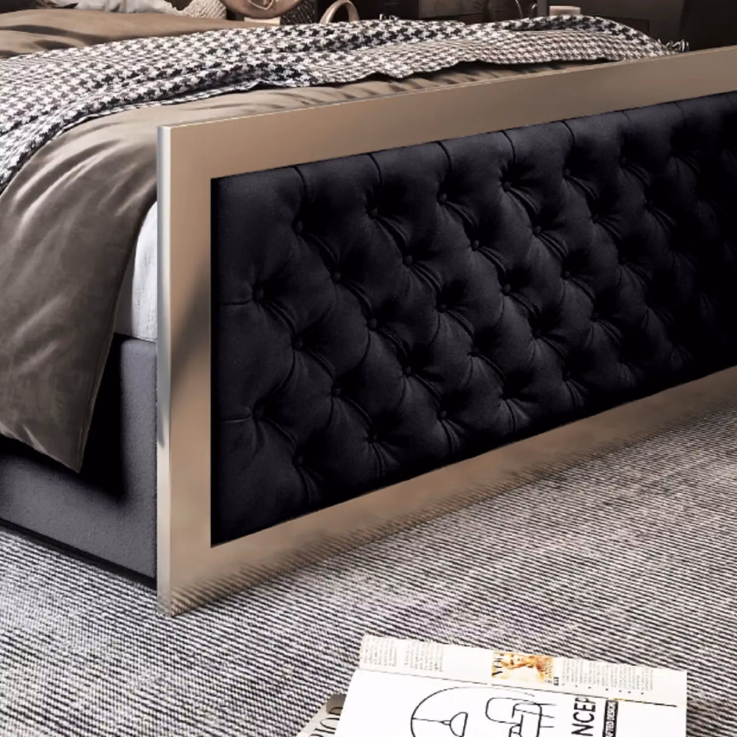 Casani Maddison Upholstered Velvet Metal Bed Frame, Black, W/D/H: 140 x 200 x 128 cm – 3