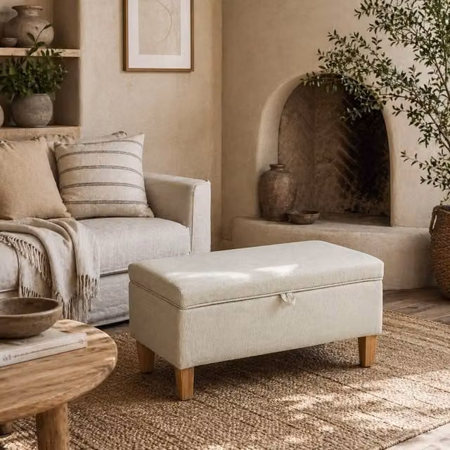 Wyld Haus Suba Beige Linen Look Storage Ottoman Bench with Natural Wooden Legs