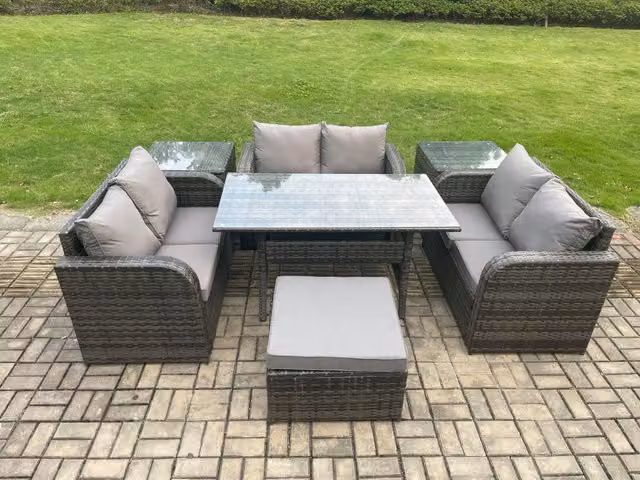 Fimous 7 Seater Outdoor Rattan Garden Furniture Set in Dark Grey with Rectangular Dining Table, Love Sofa, 2 Side Tables and Large Footstool