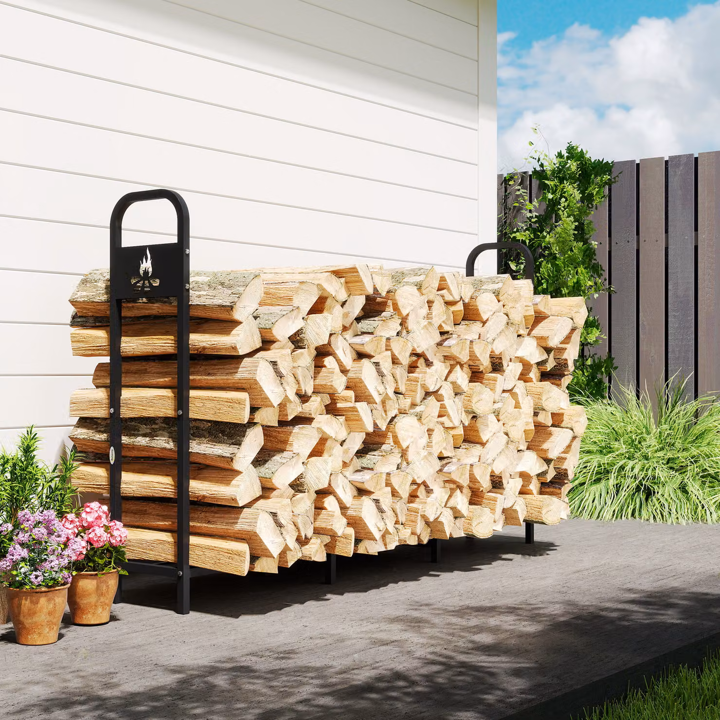 Outsunny Black Steel Firewood Log Rack with 300 kg Capacity, Heavy Duty Indoor and Outdoor Wood Storage Shelf with Extra Support Legs, W/D/H: 199 x 121 x 30 cm – 7