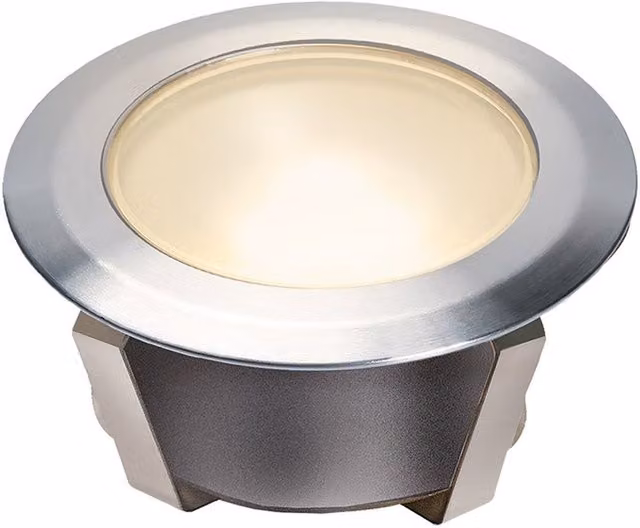 Ludeco Round Stainless Steel LED Outdoor Garden Deck Light in Silver with Warm White Light