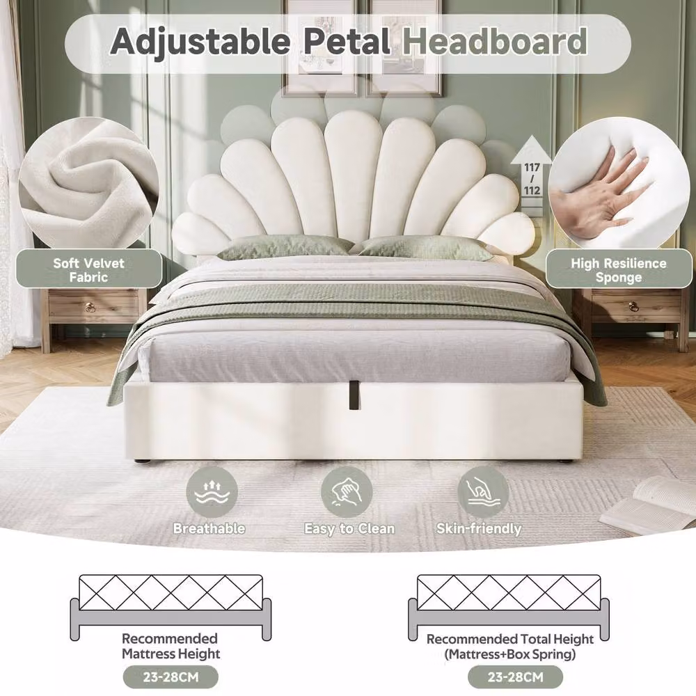 BTM Single Upholstered Hydraulic Storage Bed Frame with Velvet Headboard in Beige – 2