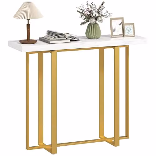 HOMCOM Modern Slim Console Table for Hallway, White and Gold, W: 100 cm, D: 30 cm, H: 78.5 cm – 1