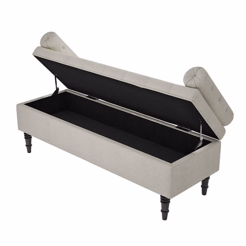 FORGEVIO Off-White Velvet and Linen Fabric Ottoman Storage Bench – 3