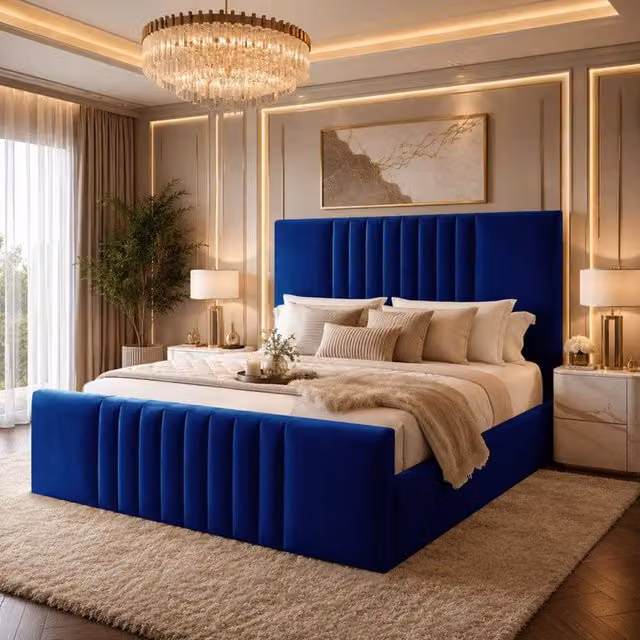 Desire Deco Ashley Upholstered Plush Velvet Panel Bed Frame in Blue, W: 140 cm x L: 200 cm