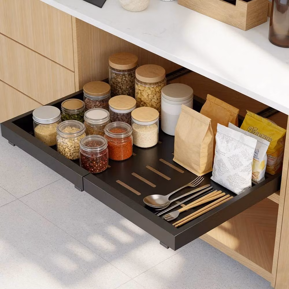 KORVIXA Extendable Pull Out Cabinet Organiser, Black, W: 100 cm, D: 100 cm – 4