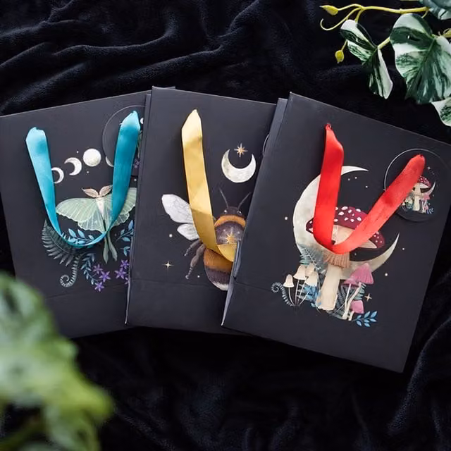 KDMK Mystical Luna Moth Moon Phase Design Paper Gift Bag in Black