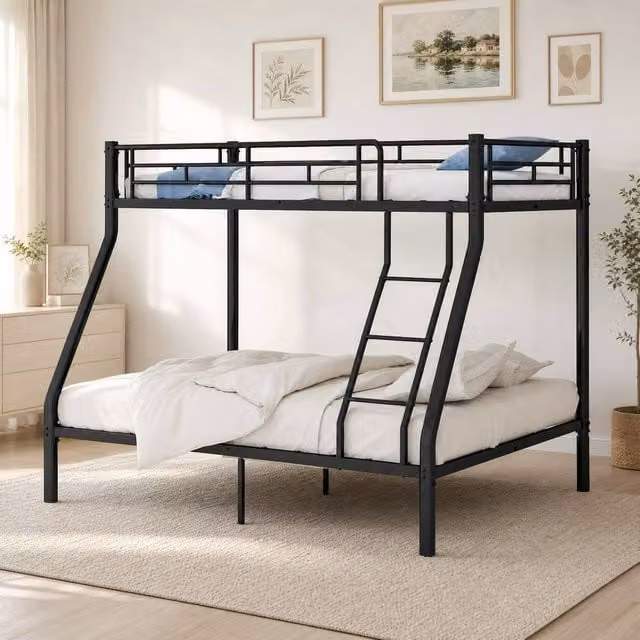 STILVORA Double Sleeper Bunk Bed with 3ft Single Top and 4ft6 Double Bottom, Black Metal