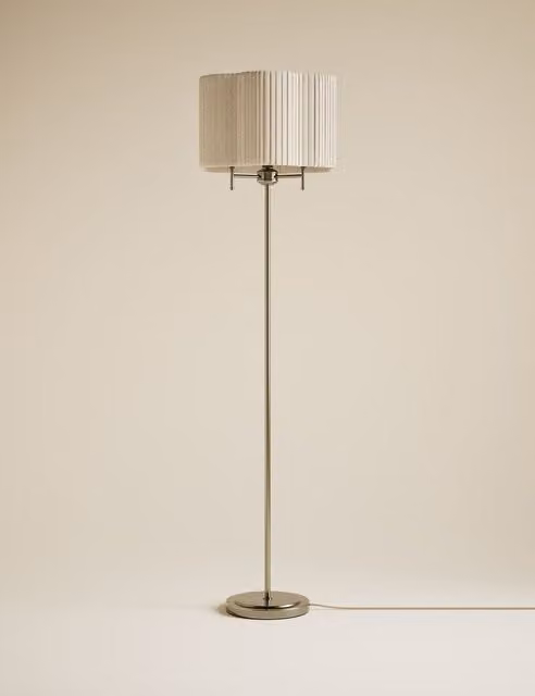 M&S Scallop Pleated Fabric Shade Floor Lamp with Brass Base in Gold/Brass