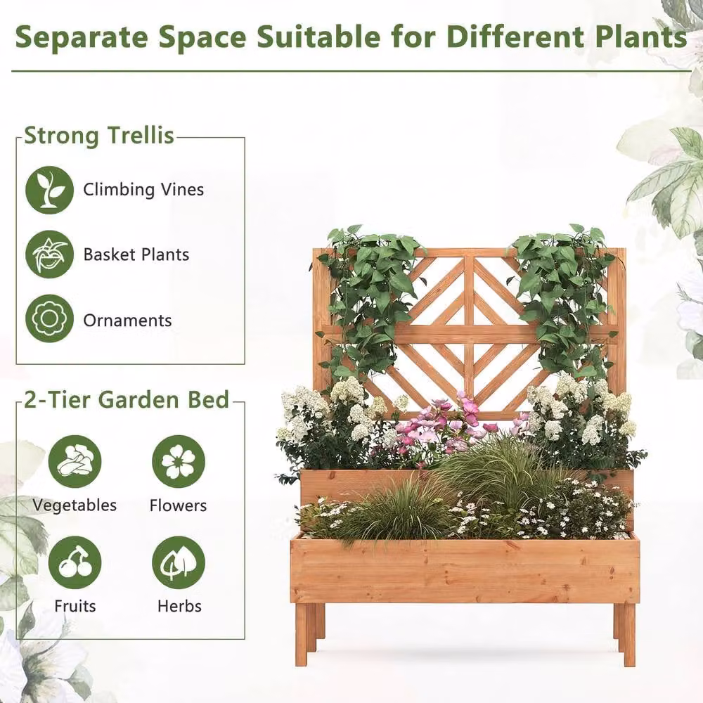 Costway 2-Tier Wooden Raised Garden Bed with Trellis in Orange – 3
