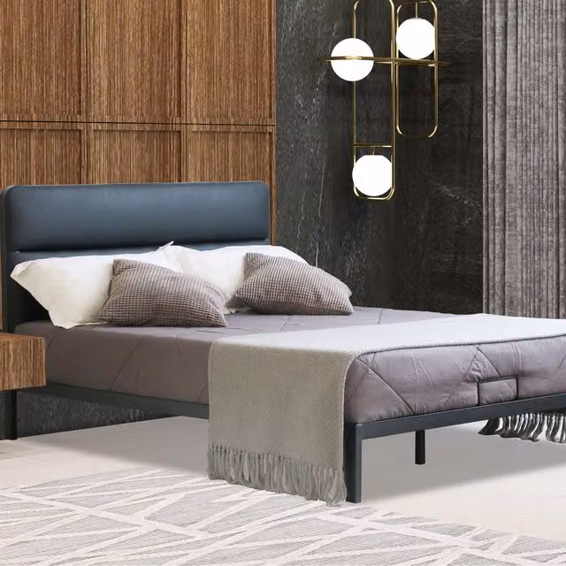 Comfy Living Modern Metal Bedframe with Faux Leather Headboard in Black and Grey