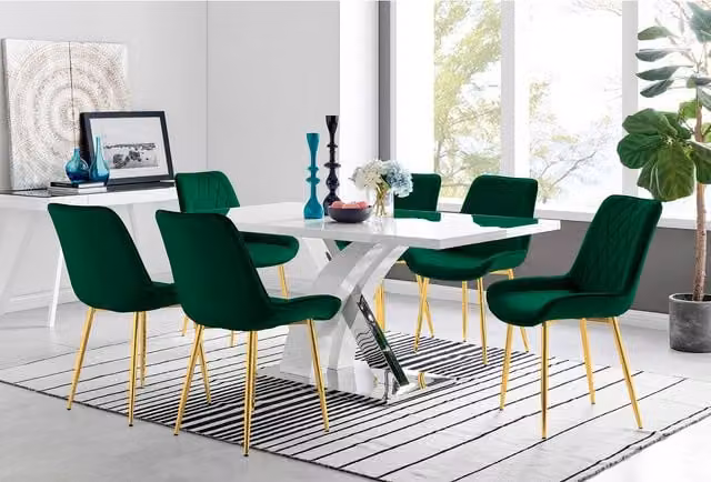 FurnitureboxUK Atlanta 6 White Rectangular Dining Table and 6 Pesaro Green Chairs with Gold Legs