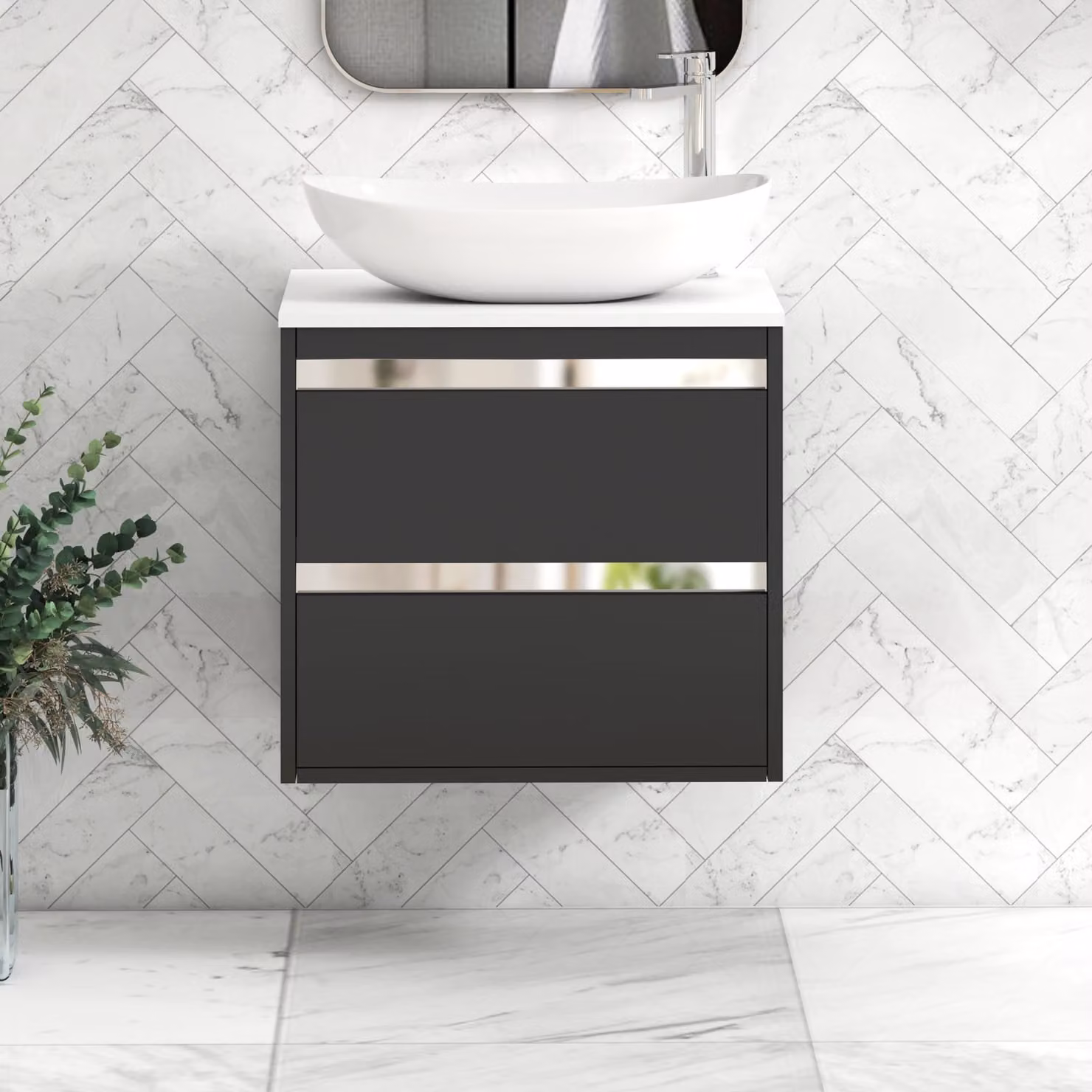 Royal Bathrooms Orion 600mm Wall Hung Vanity Unit with Cesar Basin and 2 Drawers in Matt Obsidian Black and White with Chrome Accent Trim