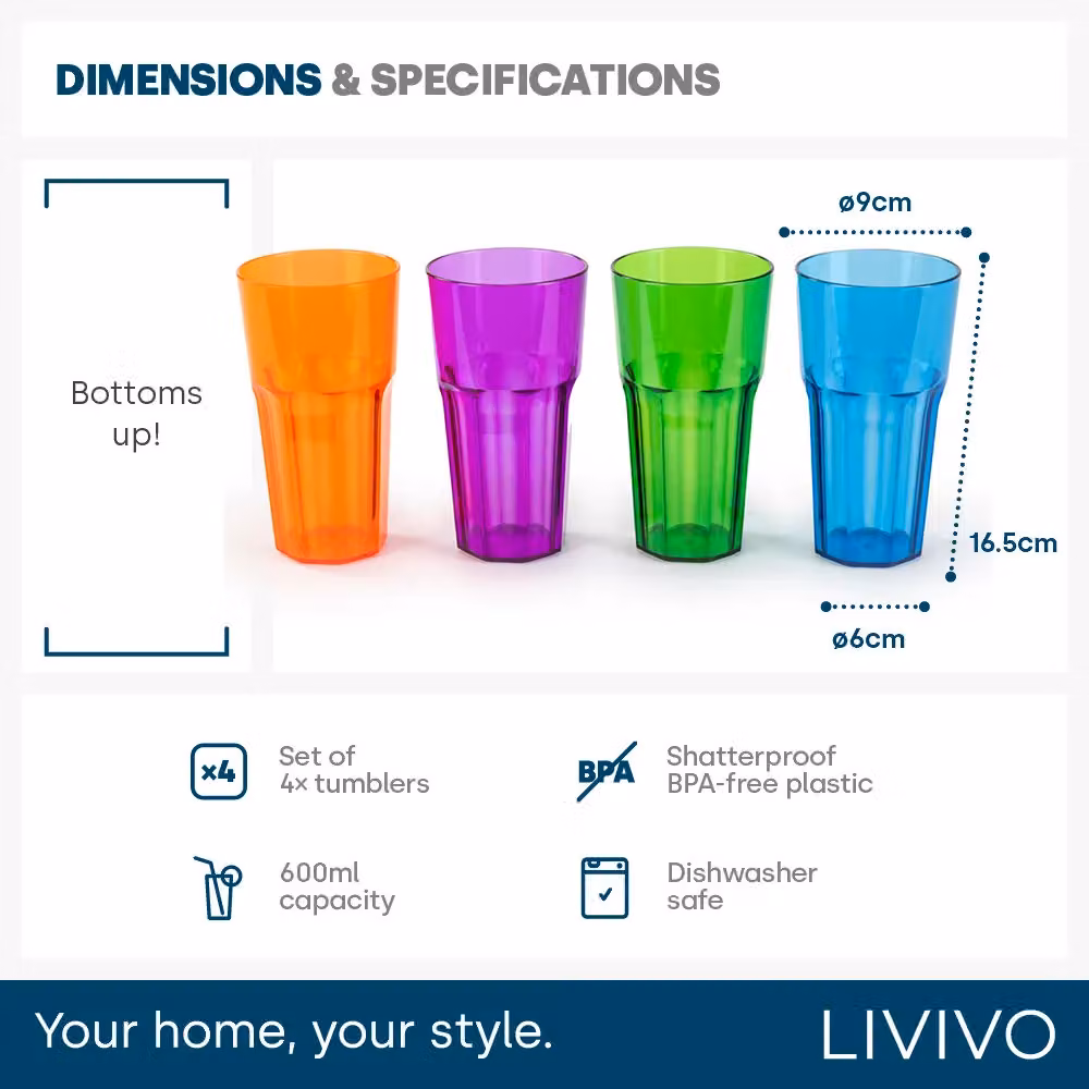 LIVIVO Set of 4 Multicolour Reusable Plastic Tumblers, 600ml, Stackable and BPA Free – 6