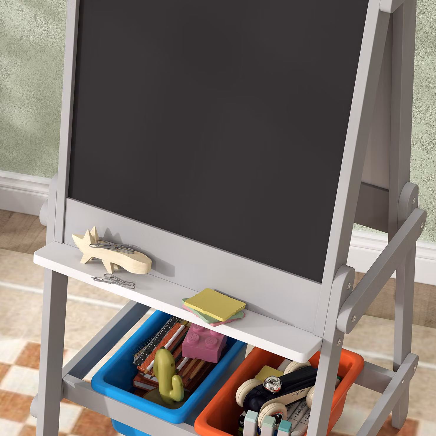 AIYAPLAY Double Sided Art Easel for Kids with Paper Roll, Chalk Board and White Board in Grey and White – 4