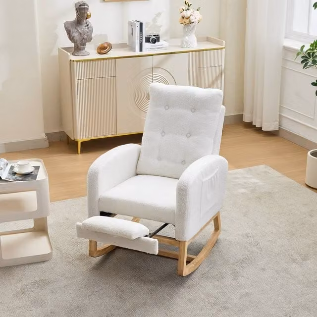 Merax White Bouclé Fabric Nursing Rocker with USB Ports and Adjustable Footrest