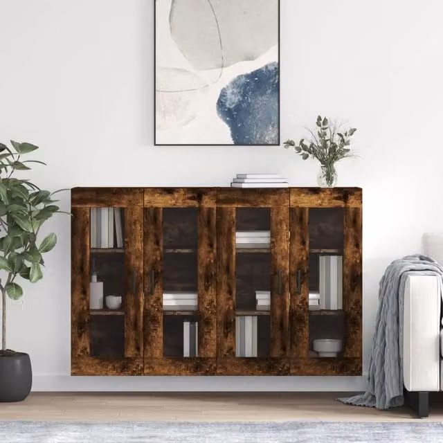Berkfield Home Set of 2 Wall Mounted Cabinets in Smoked Oak Brown with Glass Doors – 1