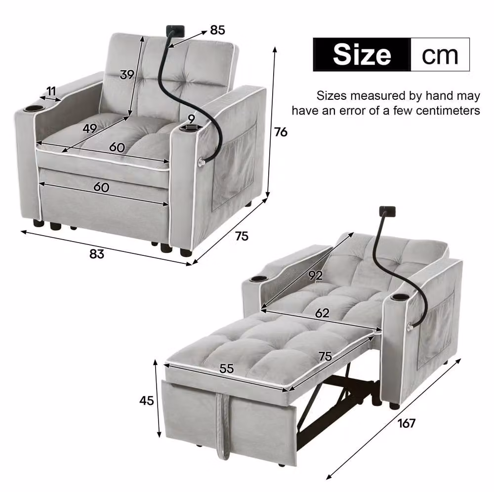 STILVORA Grey Velvet Single Sofa Bed with Armrests and Drink Holders – 2