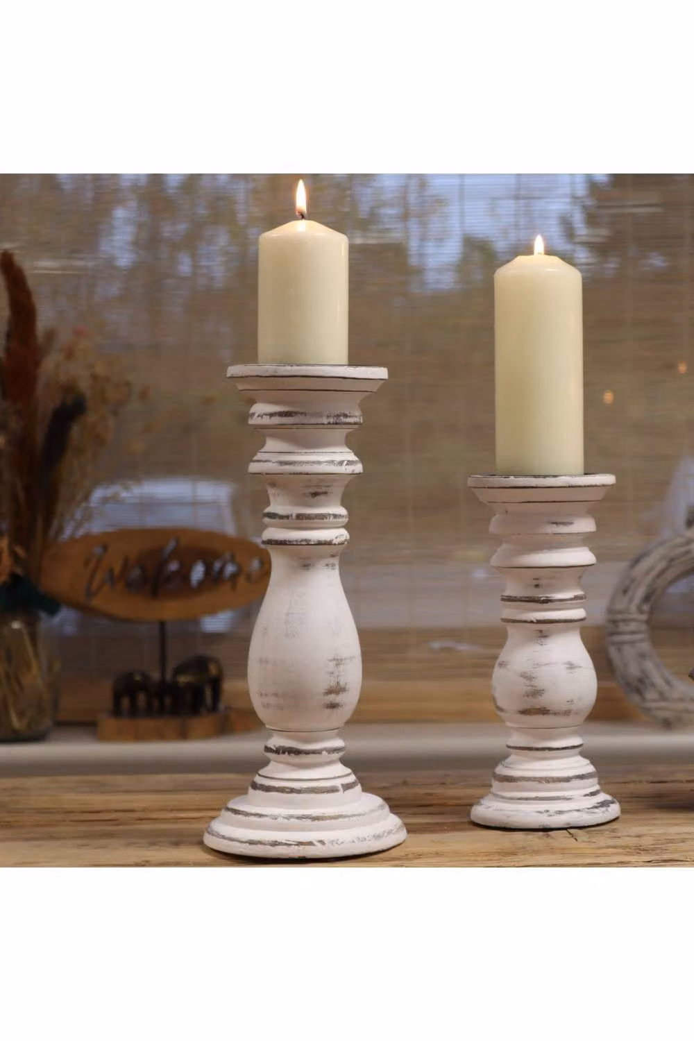 KDMD Vintage Whitewashed Mango Wood Candle Stand, White, Round Tabletop Decor – 2
