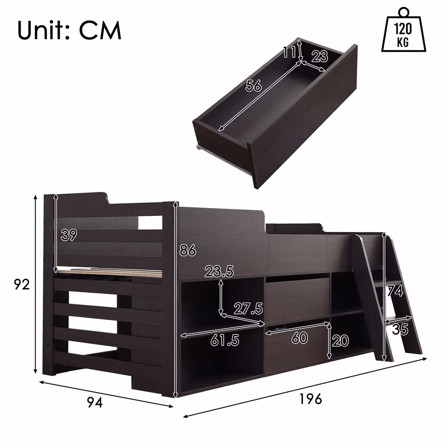 Aosom.UK Childrens Wooden Mid Sleeper Cabin Bed with Drawers and Shelves in Beige, W/D/H: 94 x 196 x 92 cm – 3
