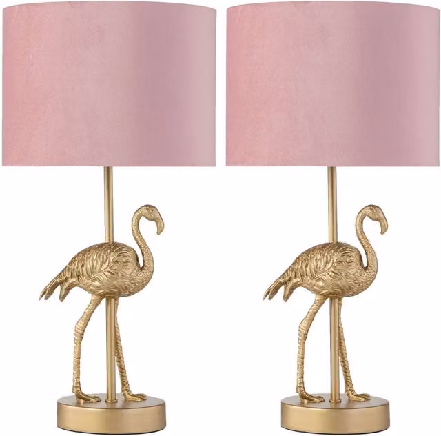 First Choice Lighting Flamingo Set of 2 Gold and Pink Velvet Table Lamps