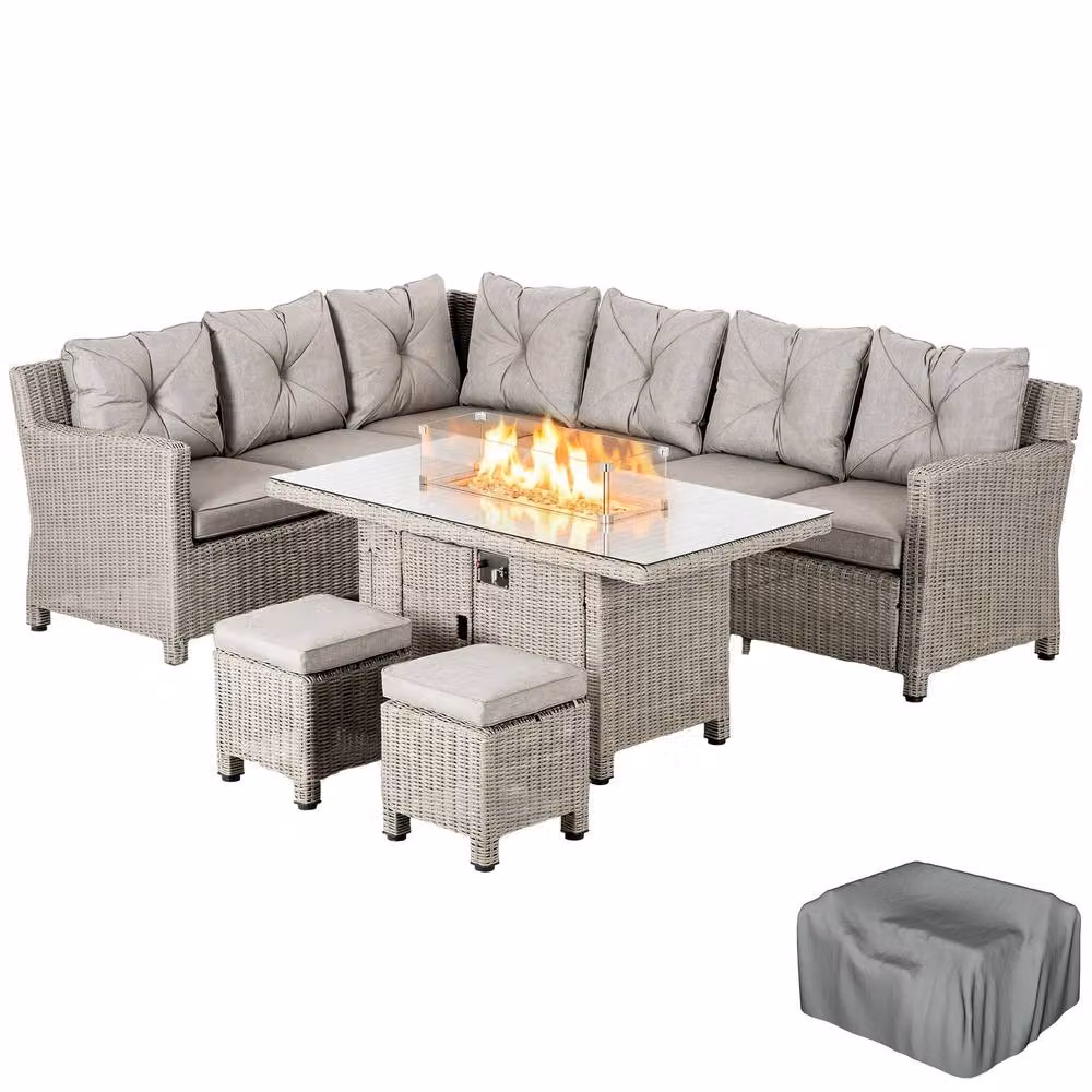 OUTSUNNY 5 Piece Grey Rattan Outdoor Corner Dining Set with Gas Fire Pit Table and Footstool – 2