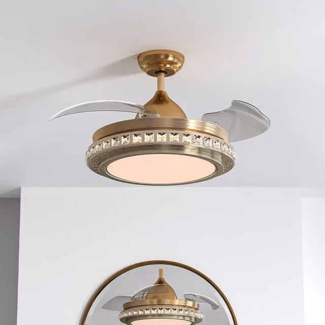 Livingandhome Retractable 3-Blade LED Ceiling Fan Light with Remote Control and Timer in Gold/Brass