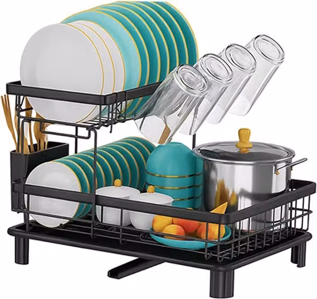 ATEK 2 Tier Metal Kitchen Dish Drainer Rack with Drip Tray and Cutlery Holder, Black