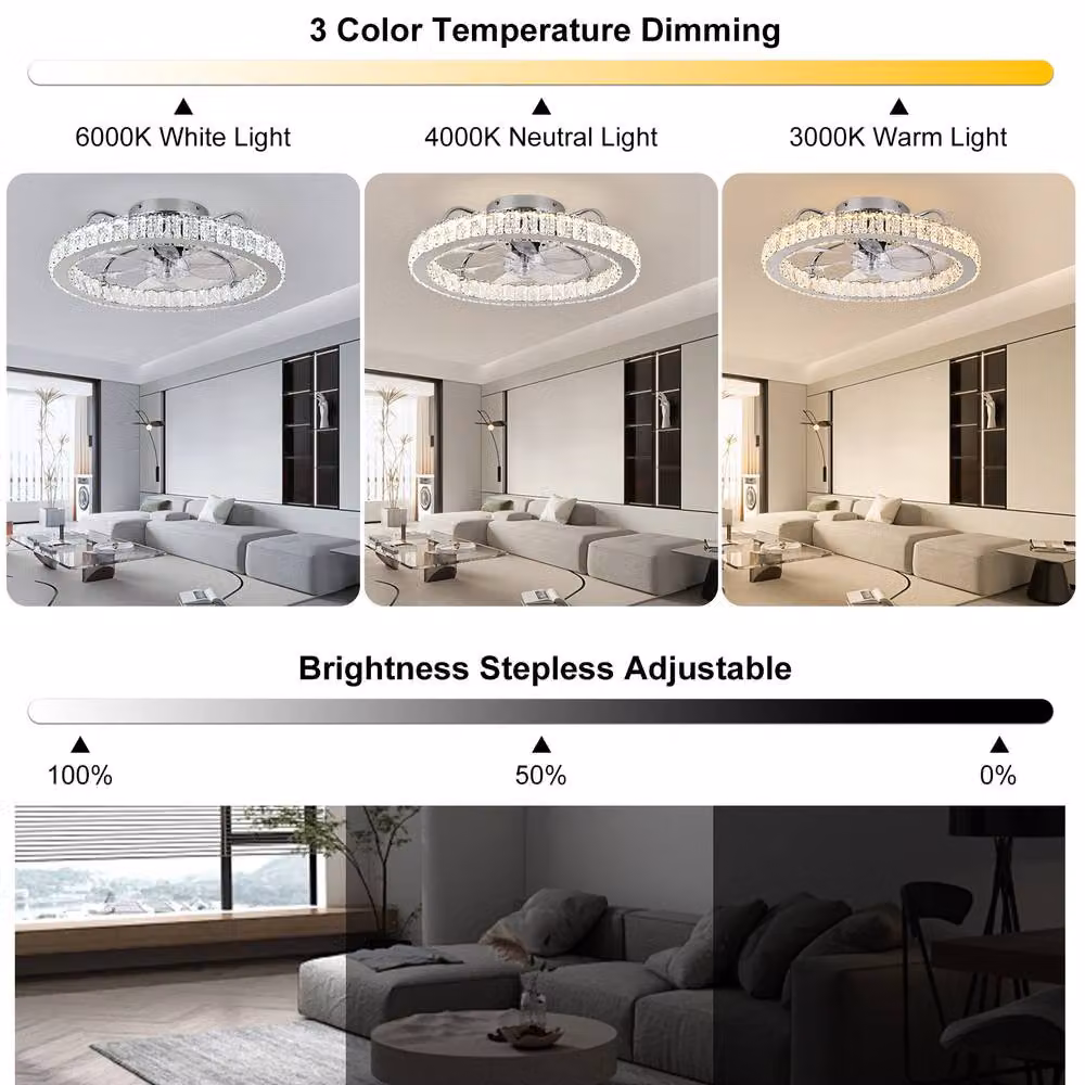 NIVOR Dimmable Crystal Ceiling Fan with LED Light, Remote and App Control, Metallic Silver – 2