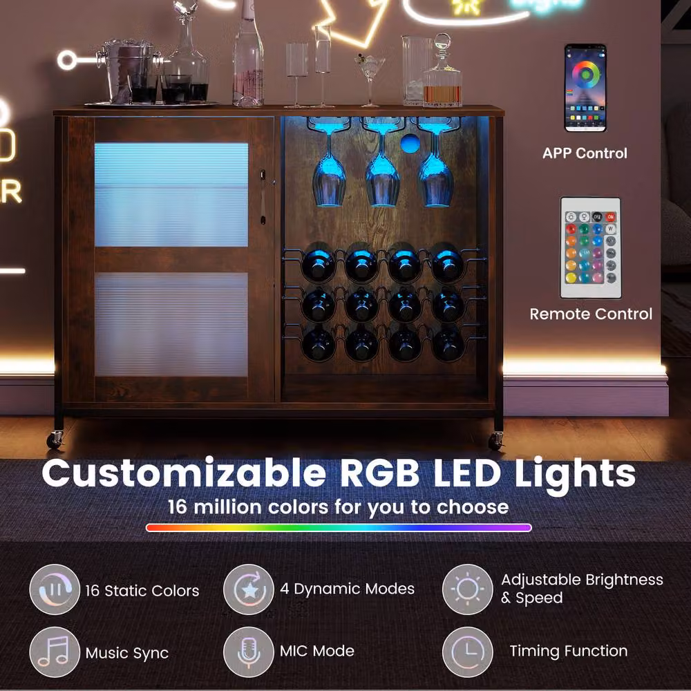 Costway Industrial Wooden Wine Bar Cabinet with LED Lights and Wheels, Brown – 6