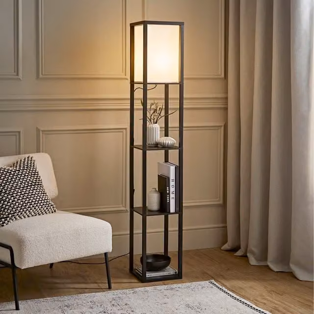 ValueLights Struttura Shelving Unit Floor Lamp with Fabric Shade in Black