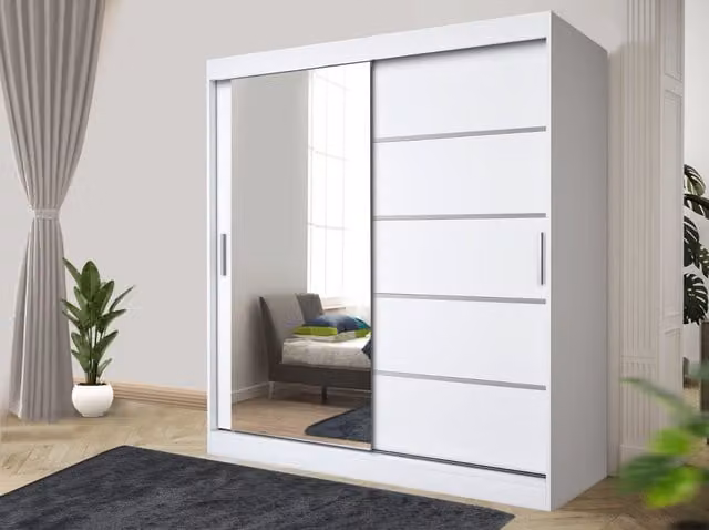 RAC3 Modern White Sliding Door Wardrobe with Mirror and Integrated Drawers, Width: 150 cm