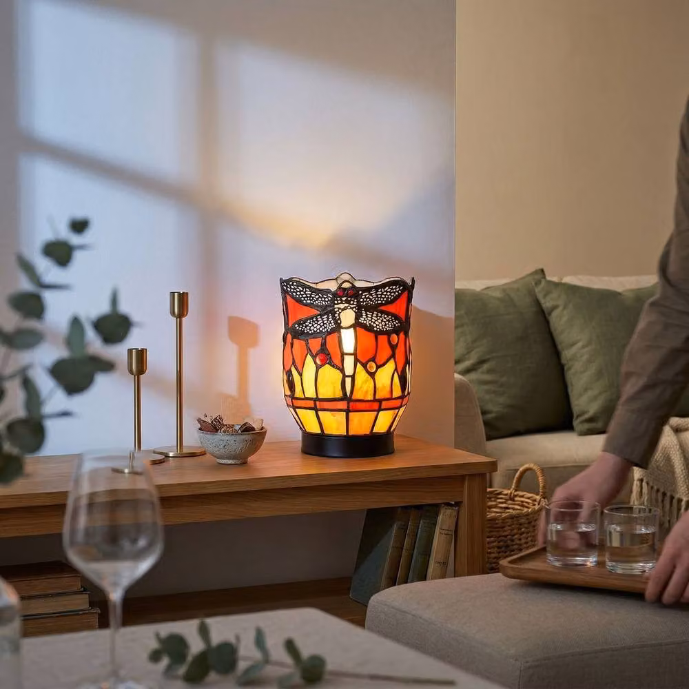 Happy Homewares Classic Dragonfly Tiffany Uplighter Tabletop Lamp in Orange Stained Glass – 4