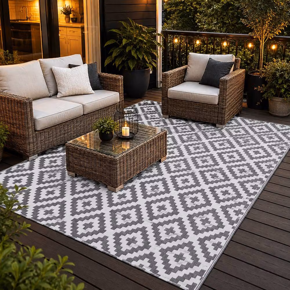 Simpa Geometric Outdoor Reversible UV Resistant Woven Rug in Grey, W: 90 cm, L: 180 cm – 5