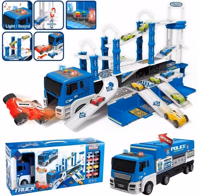 Rexco 2in1 Electronic Police Truck Toy Car Parking Garage and Race Track Set in Blue and Grey