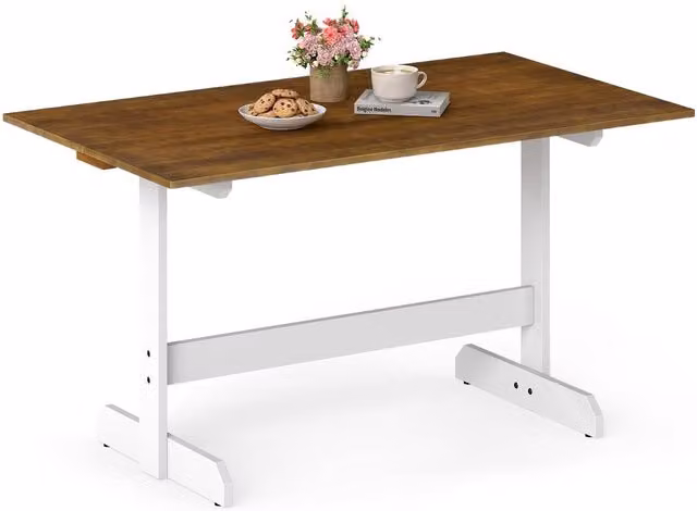 Gymax Brown Rubberwood Solid Wood Trestle Dining Table, 140 cm – 1