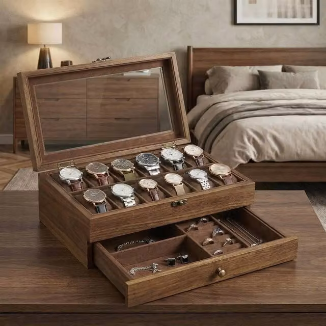 EONLION Brown Solid Wood Watch Box with 12 Slots – 1