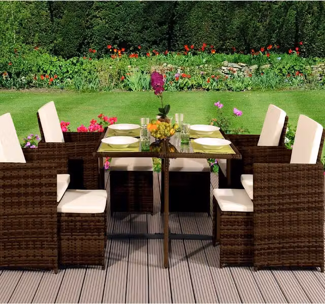 Comfy Living 9 Piece Modern Cube Rattan Garden Furniture Set with Cover in Brown