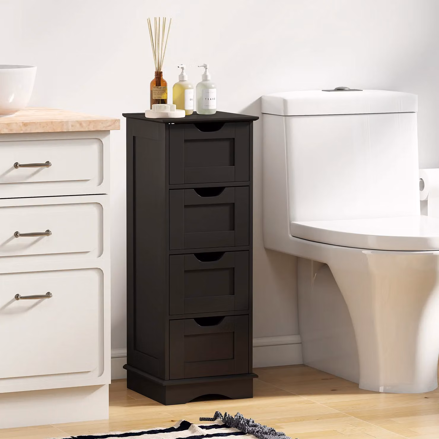 Gymax Modern Matt Black Freestanding 4-Drawer Narrow Storage Cupboard Bathroom Floor Cabinet – 5