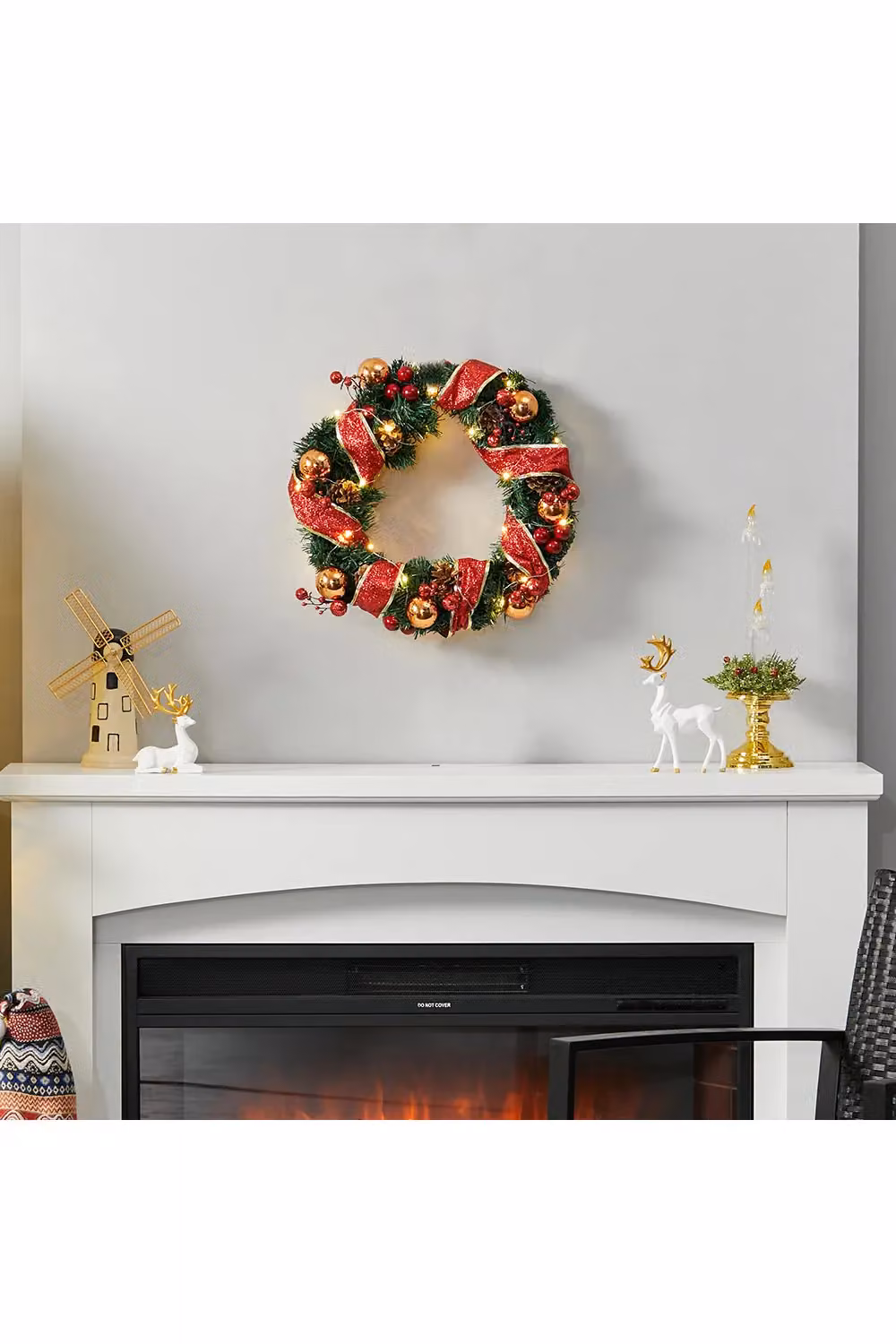 Living and Home Red and Gold Ribbon Lighted Hanging Christmas Wreath, Diameter: 30 cm – 2