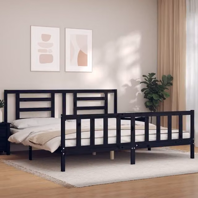 Berkfield Home Solid Wood Pine Bed Frame with Headboard in Black, 200 x 200 cm