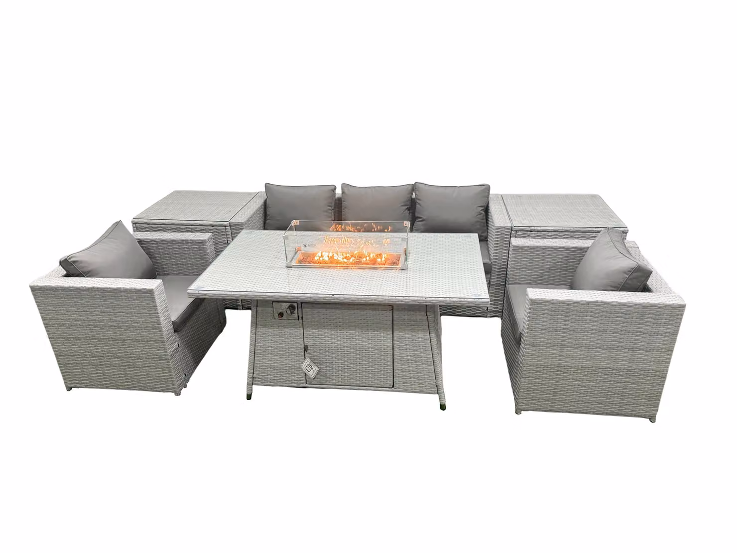 Fimous Grey Polyrattan Corner Garden Furniture Set with Gas Fire Pit Heater and Upholstered Cushions – 2