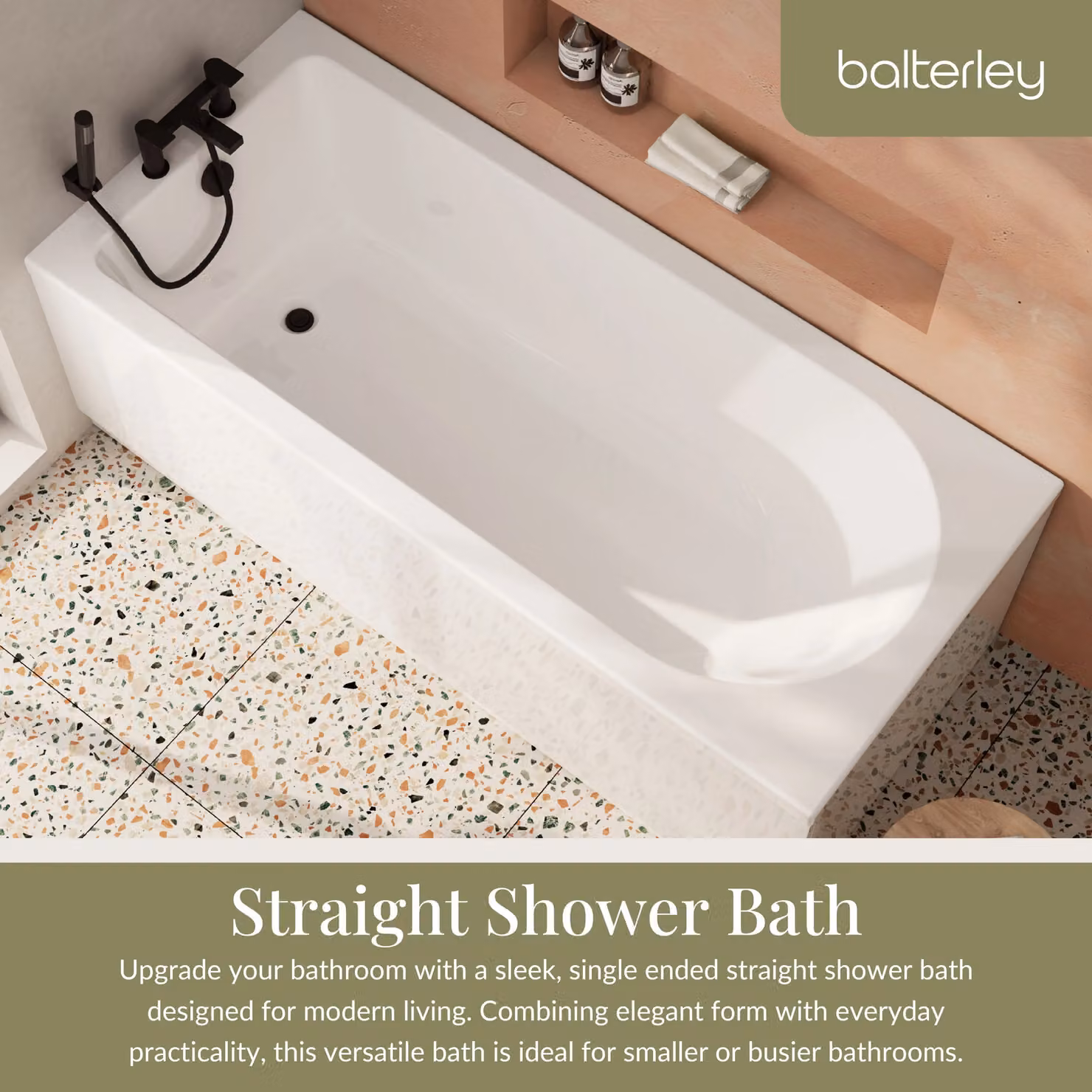 Balterley Round Single Ended Straight Shower Bath with Leg Set, White, W/D: 1700 x 750 mm – 2