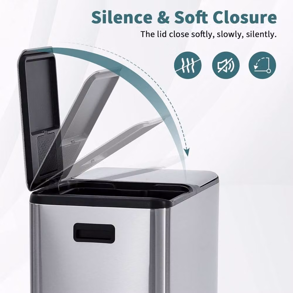 London Boutique 60L Stainless Steel Pedal Kitchen Recycling Bin with Soft-Close Lid and Removable Inner Bucket, Silver, H 66.5 x W 52.5 x D 30 cm – 4