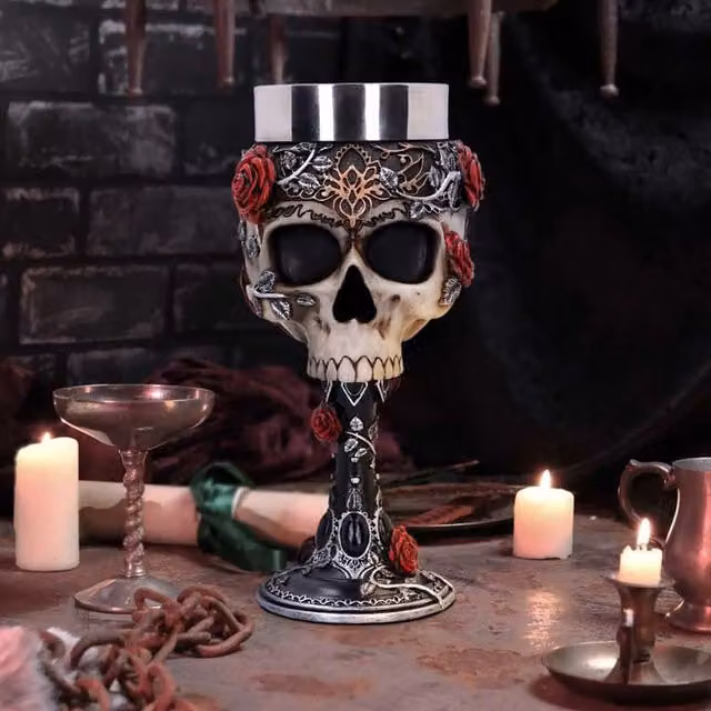 Nemesis Now Gothic Roses Wine Goblet in Multicolour with Floral Resin and Stainless Steel Details, Height: 18 cm