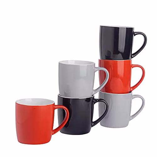 Argon Tableware 6-Piece Ceramic Mug Set in Red, Black, Grey and Multicolour, 350ml