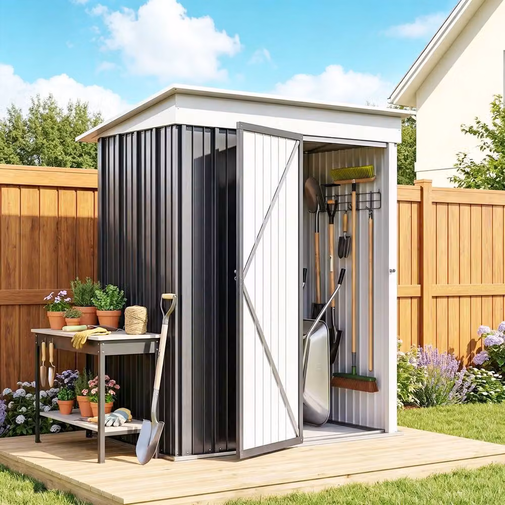 Rolipo Dark Grey Metal Lean-To Garden Shed with Shelving and Lock, W/D/H: 152.4 x 91.44 x 182.88 cm – 3