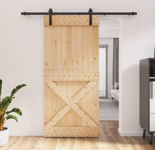 Berkfield Home Rustic Sliding Door with Hardware Set, Solid Wood Pine, Brown, W: 95 cm, H: 210 cm